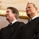 Associate Supreme Court Justices Clarence Thomas and Brett Kavanaugh and Supreme Court Chief Justice John Roberts during Donald Trump's inauguration in the Capitol.
