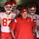 Head Coach Andy Reid, Travis Kelce #87 and Patrick Mahomes #15 of the Kansas City Chiefs look on before taking the field against the Washington Football Team.