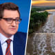 A split composite image of Chris Hayes, left, and a flooding river