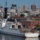 A U.S. Coast Guard cutter sits docked at Coast Guard Island Alameda