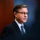 US House Speaker Mike Johnson speaks to members of the media at the US Capitol.