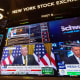 A television broadcasts President Donald Trump’s tariff news on the floor of the New York Stock Exchange.