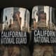 California National Guard stand behind shields on the steps of the Federal Building in Los Angeles.
