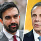 A split composite image of Zohran Mamdani, left, and Andrew Cuomo.