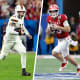Two photos side by side. On the left, the quarterback of the Miami Hurricanes running to the right holding a football; on the right, the quarterback of the Indiana Hoosiers running to the left holding a football.