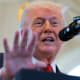 Donald Trump gestures with his hand in front of a microphone.