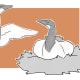 An illustration of two geese, one spreading its wings and one perched in a nest.