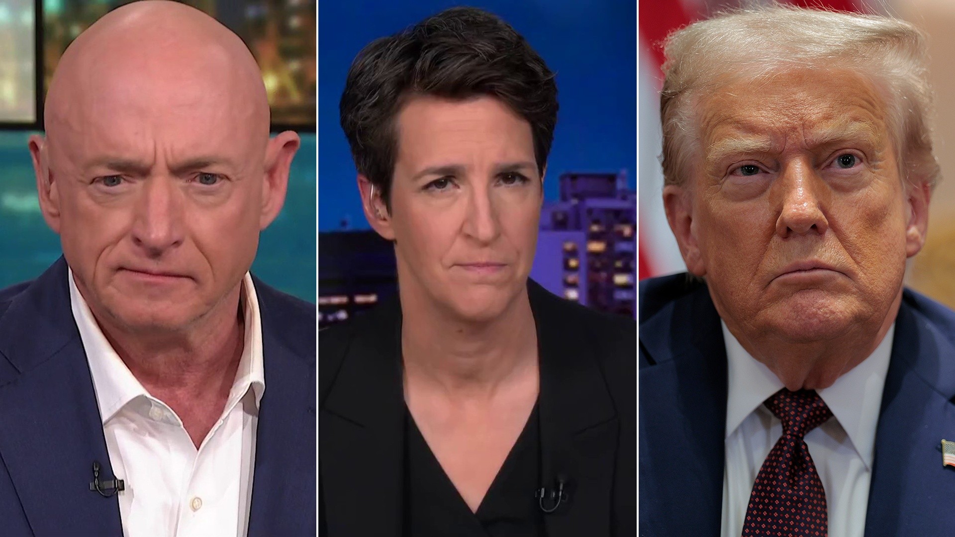 Sen. Mark Kelly, Rachel Maddow and President Donald Trump