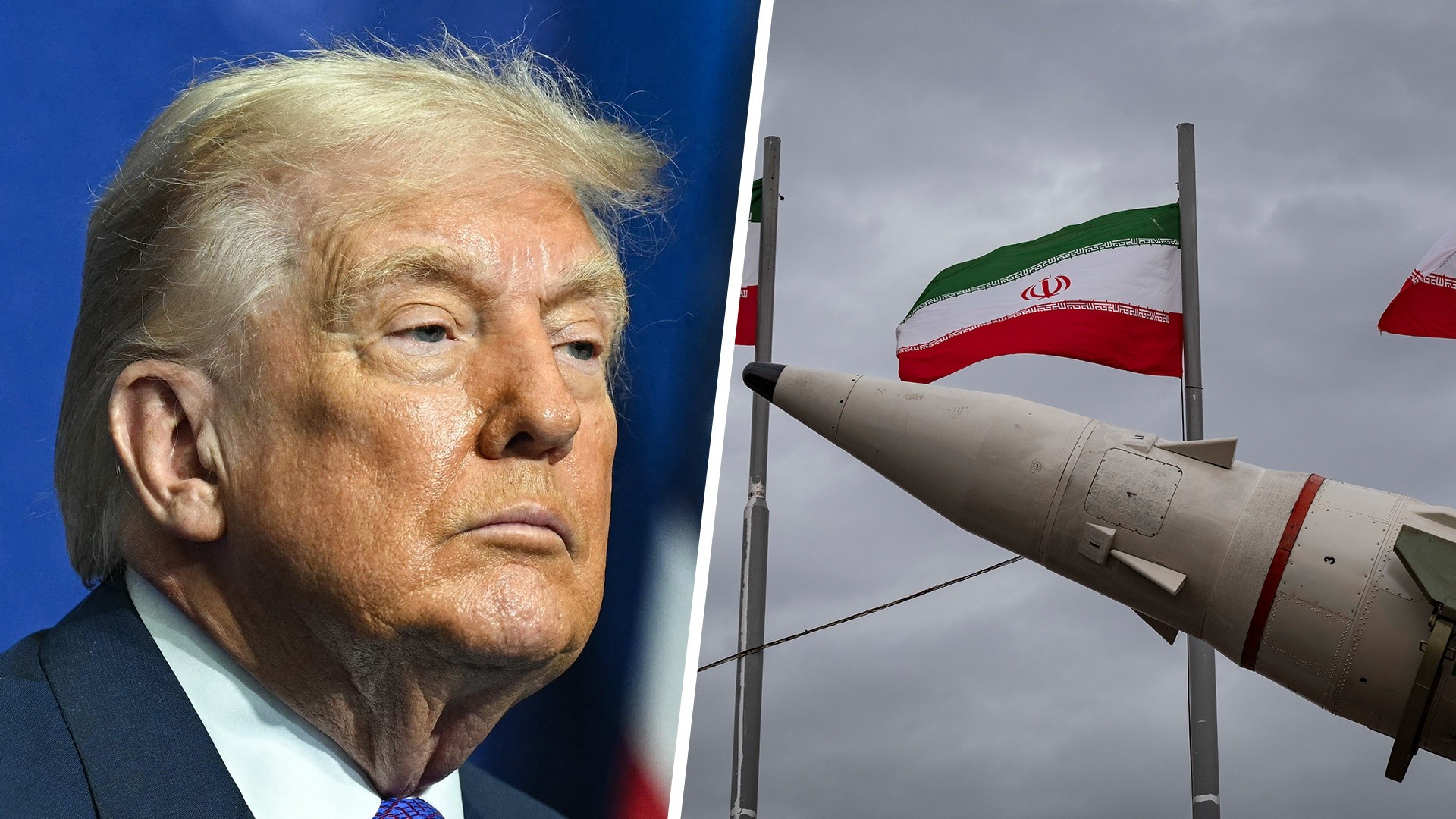 President Donald Trump, Iranian flags behind a missile