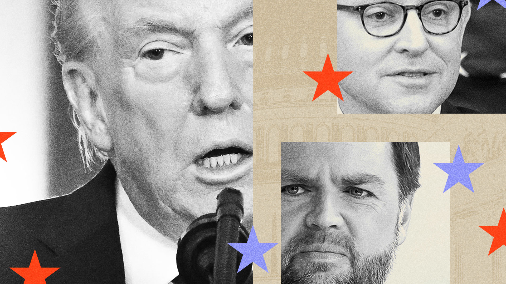 An illustration featuring Trump, Mike Johnson and JD Vance