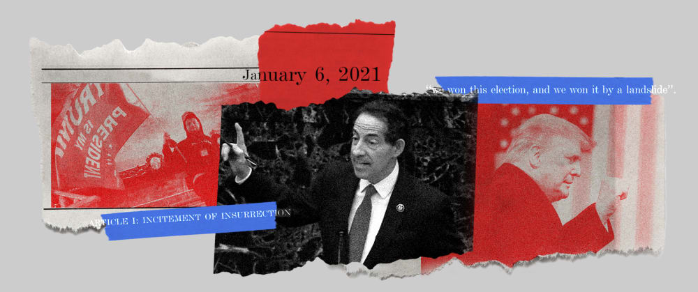 Photo collage of a rioter at the Capitol with a Trump flag, Jamie Raskin speaking and Donald Trump with his fist raised. Tapes over it read,"January 6, 2021", "Article I: Incitement of Insurrection" and "we won this election, and we won by a landslide".
