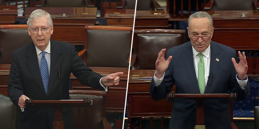 Senate Majority Leader Mitch McConnell, left, and Senate Minority Leader Chuck Schumer speak on Capitol Hill on March 23, 2020.