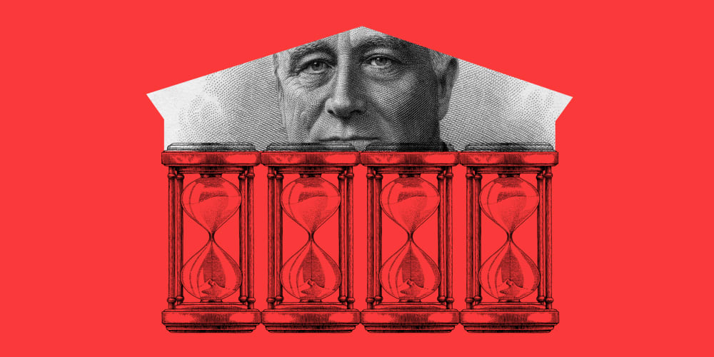 Image: Four hourglasses form the columns of the Supreme Court as Franklin D. Roosevelt's engraving looks through the triangular upper part of the building.