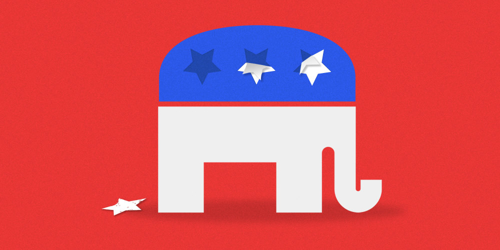 Image: The two stars from the GOP elephant are peeling off the surface, one star is on the ground