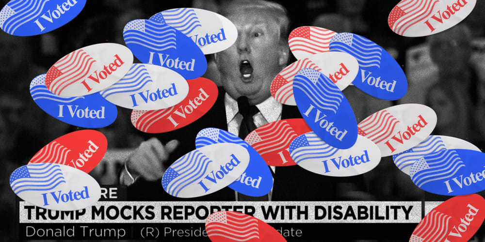 Image: A screengrab of a news broadcast with Trump is covered with red and blue "I Voted" stickers.The headline reads: Trump mocks reporter with disabilty.
