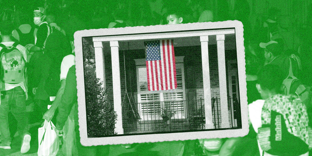 Image: A framed photograph of a home with an American flag is juxtaposed over an image of migrants walking that has a green overlay.