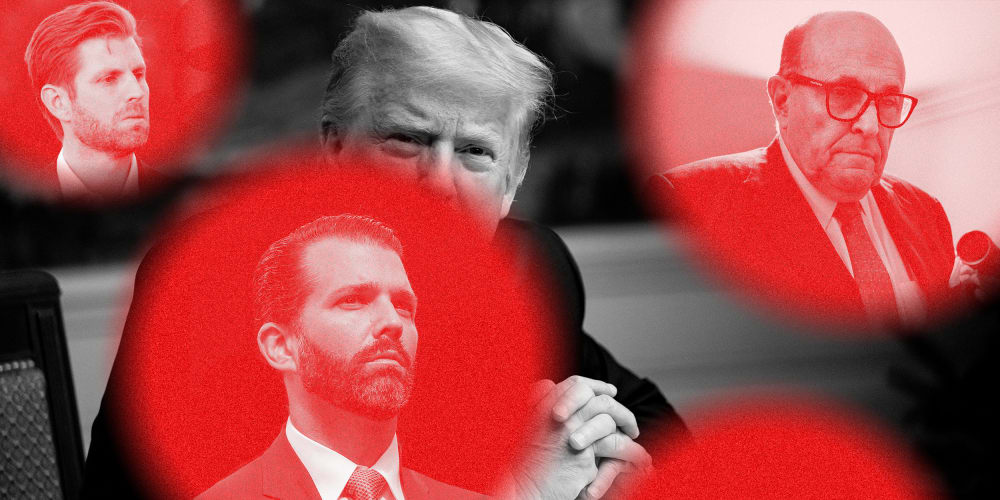 Image: Donald Trump behind red circles with images of Eric Trump, Donald Trump Jr. and Rudy Giuliani