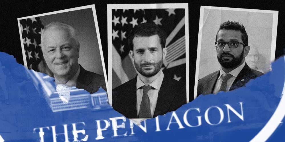 Image: A torn blue paper that reads, "The Pentagon" reveals three photographs of Anthony Tata, Ezra Cohen-Watnick, and Kash Patel.