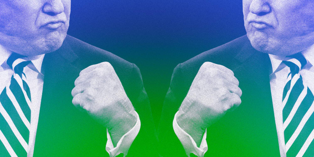 Image: Donald Trump pumps his fist; color overlayed with green and blue.