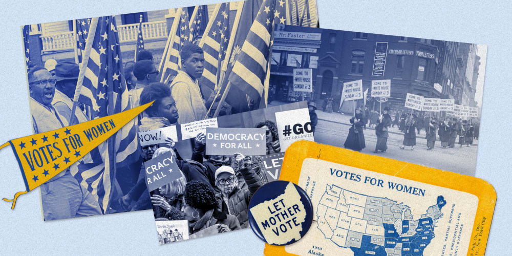 Image: Juxtaposed images of people marching with flags and protest posters. Badges and cards read: Let Mother vote, Votes for Women.