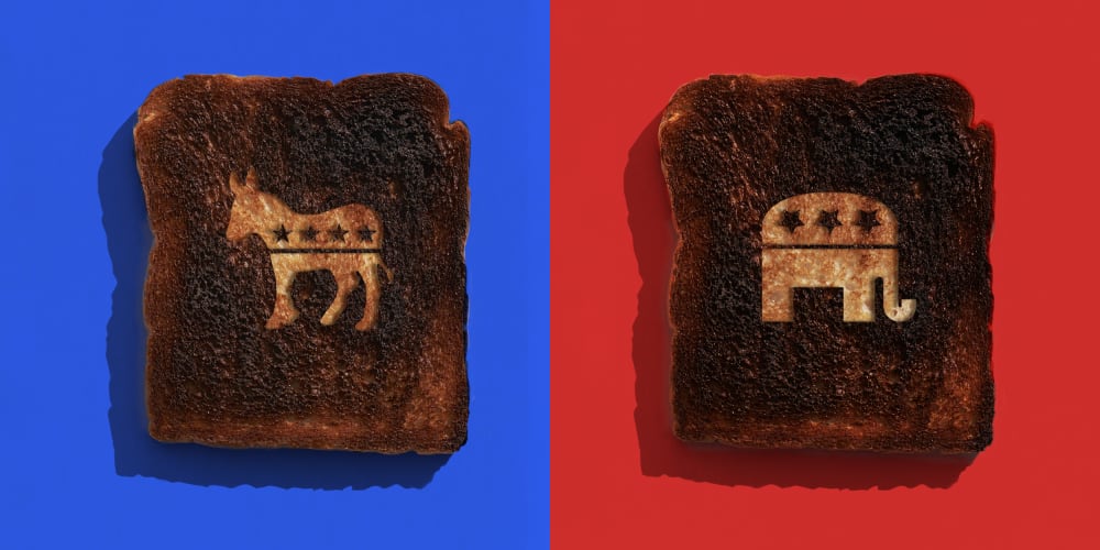 Image: Two burnt toast with the GOP and Democrat part symbol carved into each against blue and red bacckgrounds.