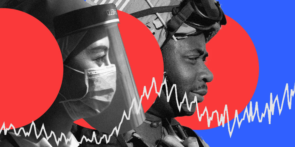 Image: Profiles of a healthcare worker with a face shield and a soldier