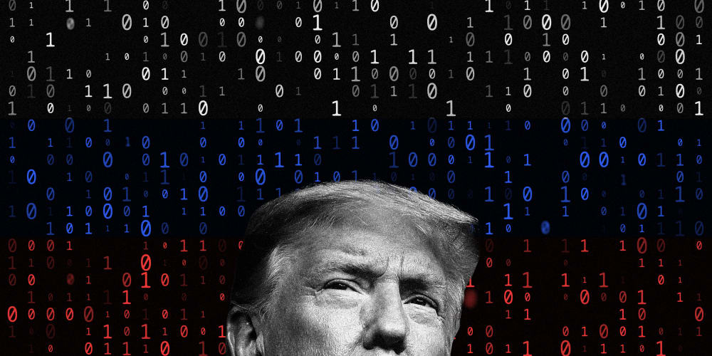 Image: Numbers data on a Russian flag with Donald Trump peeking up from the bottom of the frame.