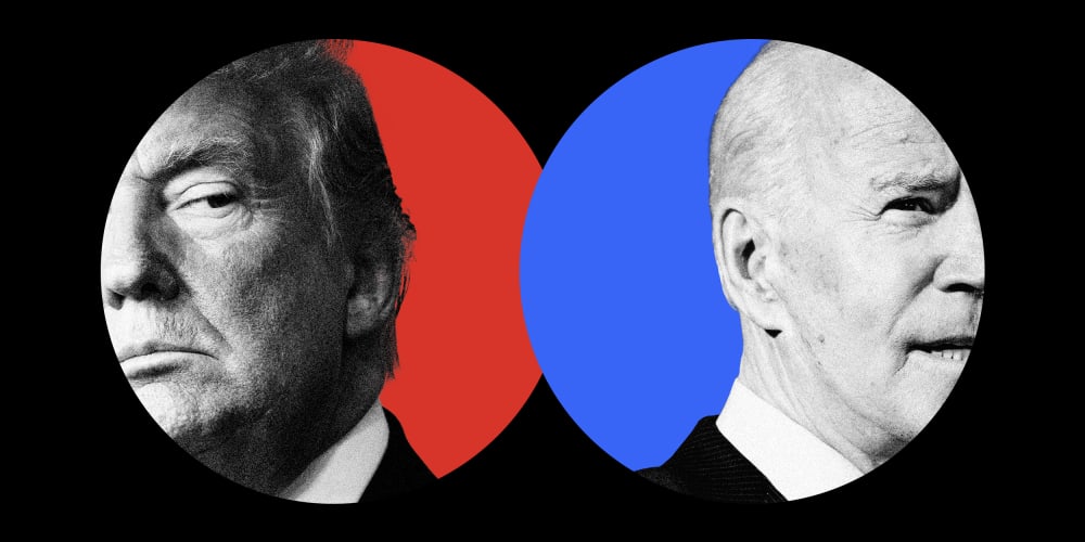 Image: close up of Donald Trump and Joe Biden in red and blue circles, respectively.