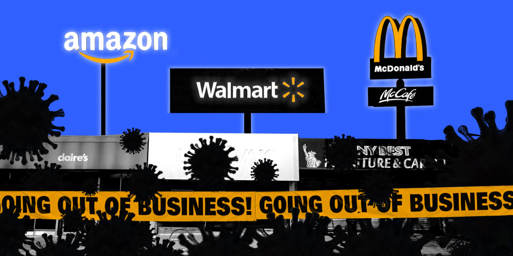 Image: Small businesses in the foreground are covered by COVID spores and corporates logos of Amazon, Walmart and McDonalds stand above them in the background.