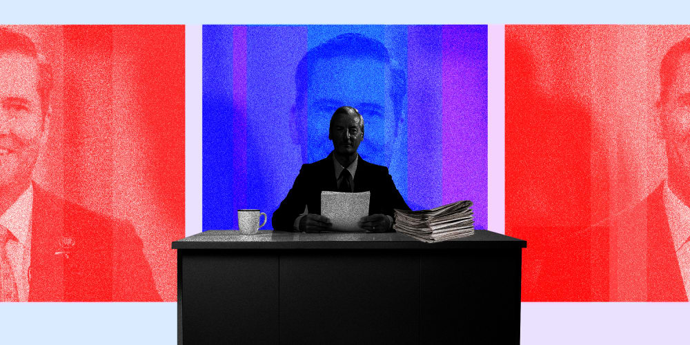 Image: A newsreader sitting at his desk in the foreground, red and blue portraits of Michael Waltz in the background
