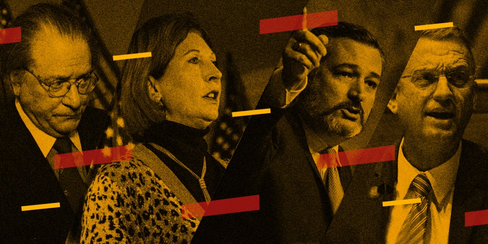 Image: Images of Joe DiGenova, Sidney Powell, Ted Cruz and Doug Collins with a yellow overlay and red and yellow blocks darting across.