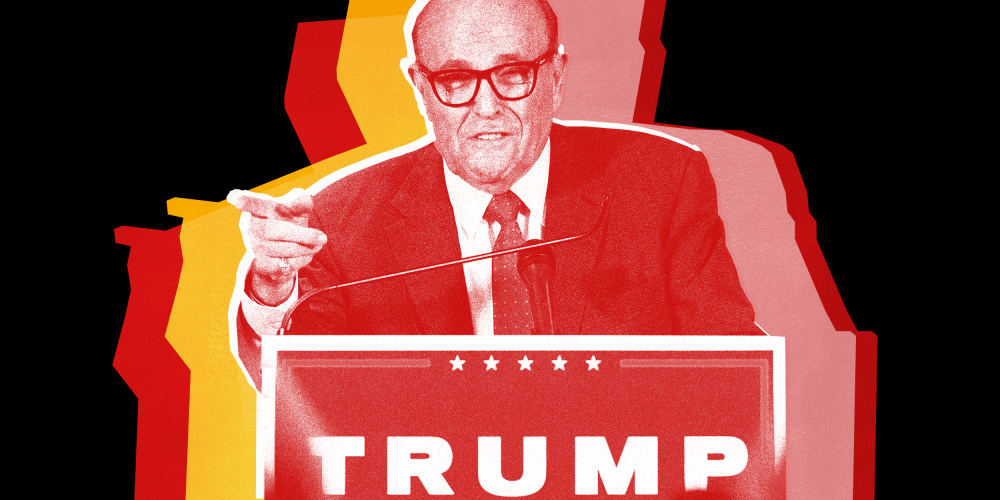 Image: Image: Cut out of Rudi Giuliani speaking over a podium with a Trump sign, left hand pointing at the audience with red, yellow and pink colored shadows.