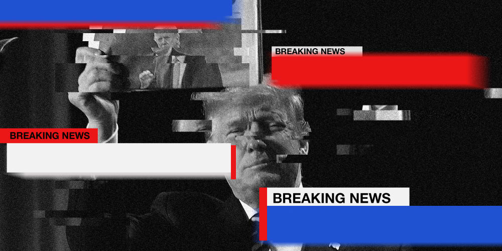 Image: Blue, red and white Strips move across the screen that read,"Breaking News", over a glitching black white image of Donald Trump holding up a newspaper with his photo.