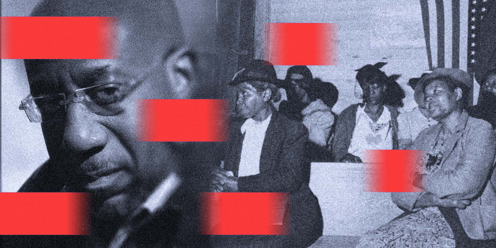 Image: Profile of Raphael Warnock fades into an old image of women at an African American church. The image has red moving blocks over it.