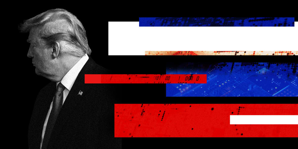 Image: Donald Trump looks away as blue, red and white strips layered with code comes from the other side.