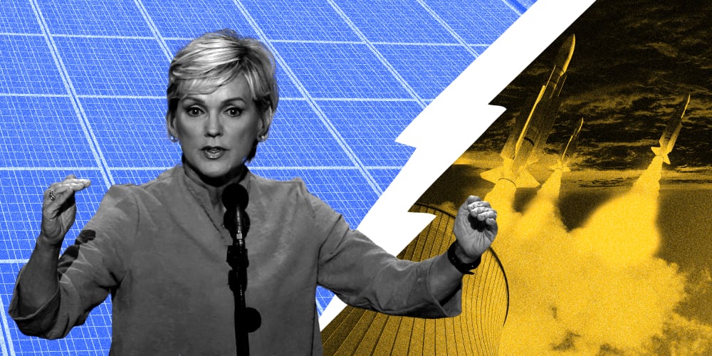 Image: Jennifer Granholm speaks in front of a divided background, one half has solar panels and the other has nuclear missiles.