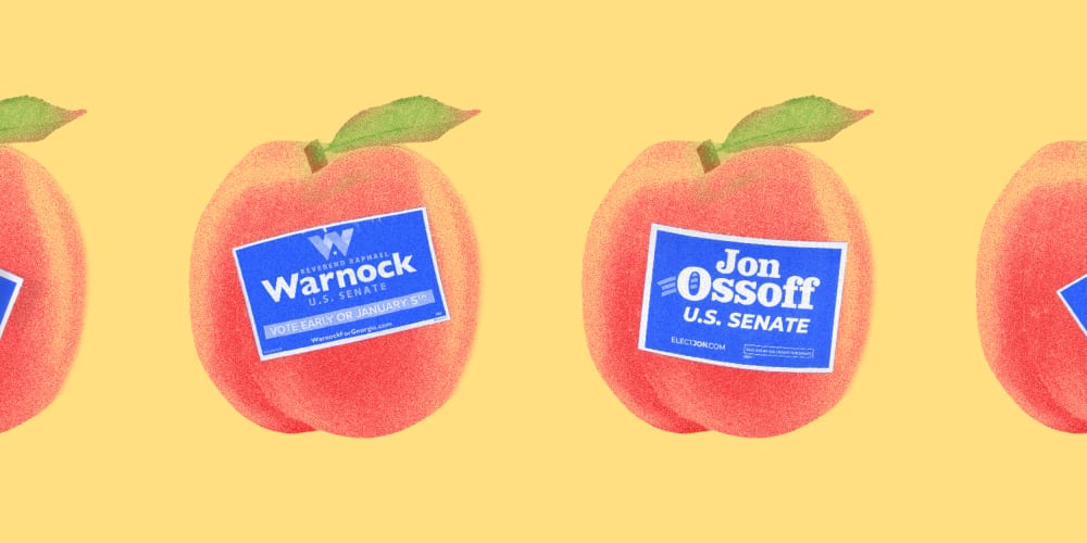 Photo illustration of peaches with stickers that read," Reverend Raphael Warnock, U.S. Senate" and "Jon Ossoff, U.S. Senate"