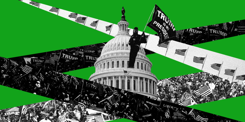 Photo illustration of the Capitol building surrounded by strips of Trump supporters protesting. A man stands on the building holding a flag that reads,"Trump is my President".