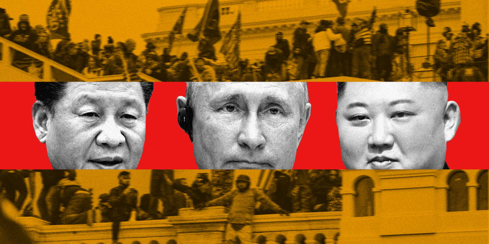 Photo illustration showing protestors storming the U.S. Capitol in the background with a red strip in the middle that has the faces of Xi Jinping, Vladimir Putin and Kim Jong Un.