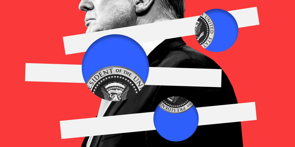 Photo illustration of Donald Trump superimposed with three lines along with blue circles through which a parts of the U.S. presidential seal is visible.