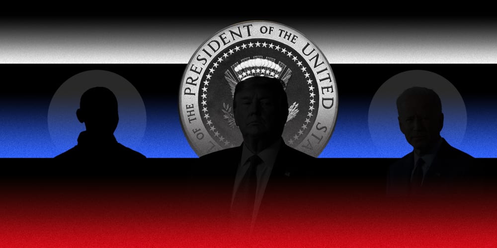 Photo illustration of silhouette of Trump and Biden against the seal of the president of the United States with white, blue and red scan lines over it.