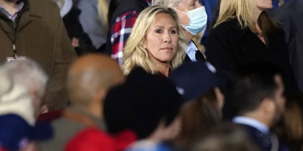 Image: Marjorie Taylor Greene at a campaign rally in Dalton Georgia