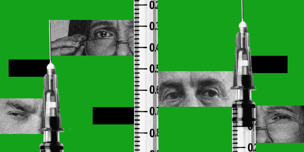 Photo illustration of multiple eyes that look skeptical alongside vaccines.