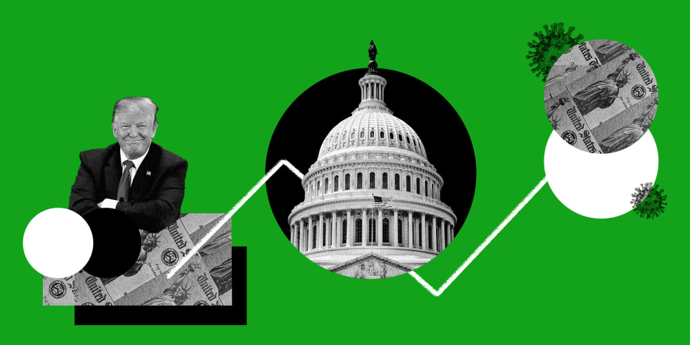 Photo illustration with Donald Trump behind cheques at the bottom left, the Capitol dome in the centre and cheques along with COVID spores at the top right. A line starts connects Donald Trump and the cheques to the right.