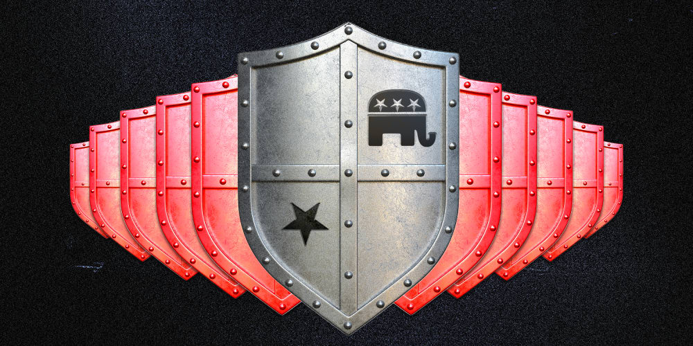 Photo illustration of a shields going in two different directions. The top most shield has the GOP part symbol on it.