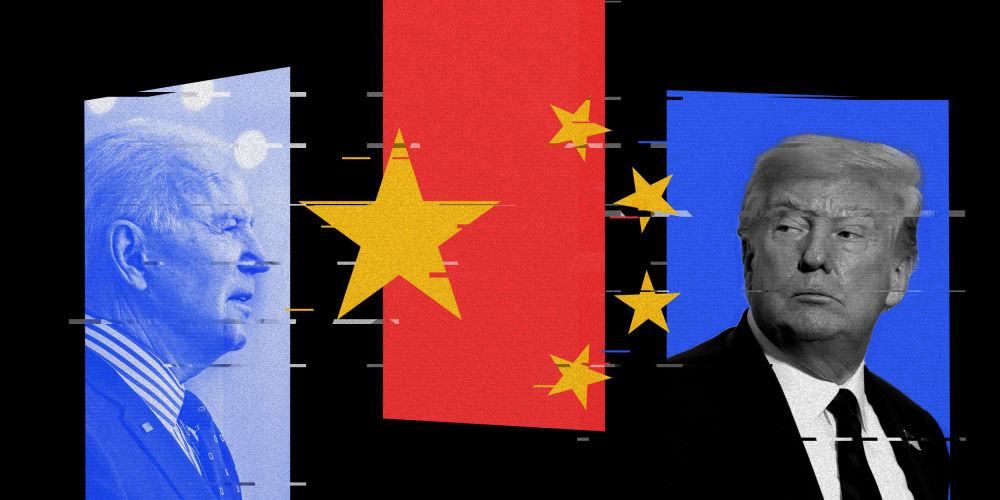 Photo illustration of President Joe Biden, the Chinese flag and fmr. President Donald Trump with glitches over it.