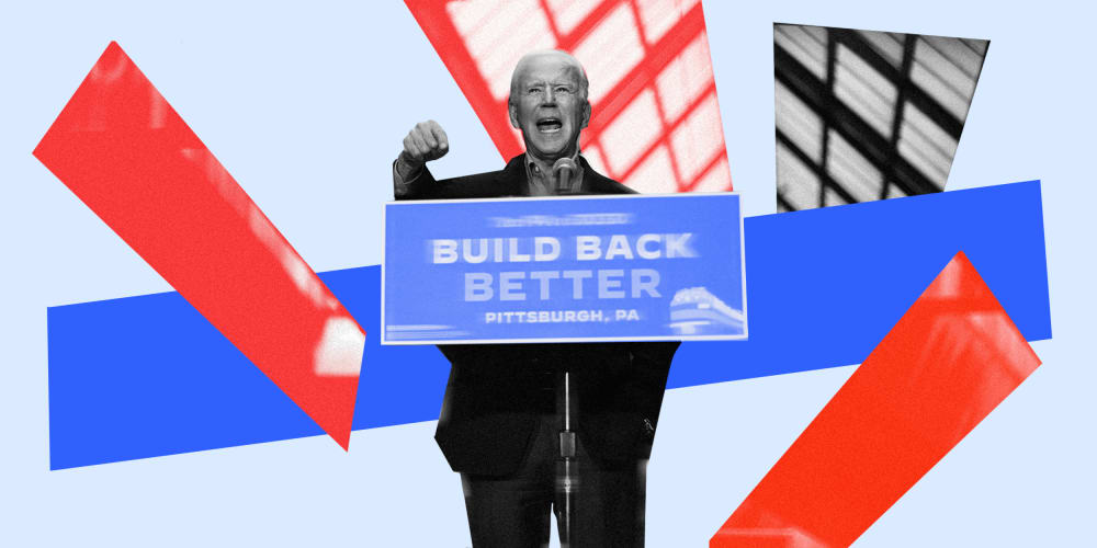 Photo illustration of President Joe Biden speaking at a podium with a board that reads,"Build Back Better".