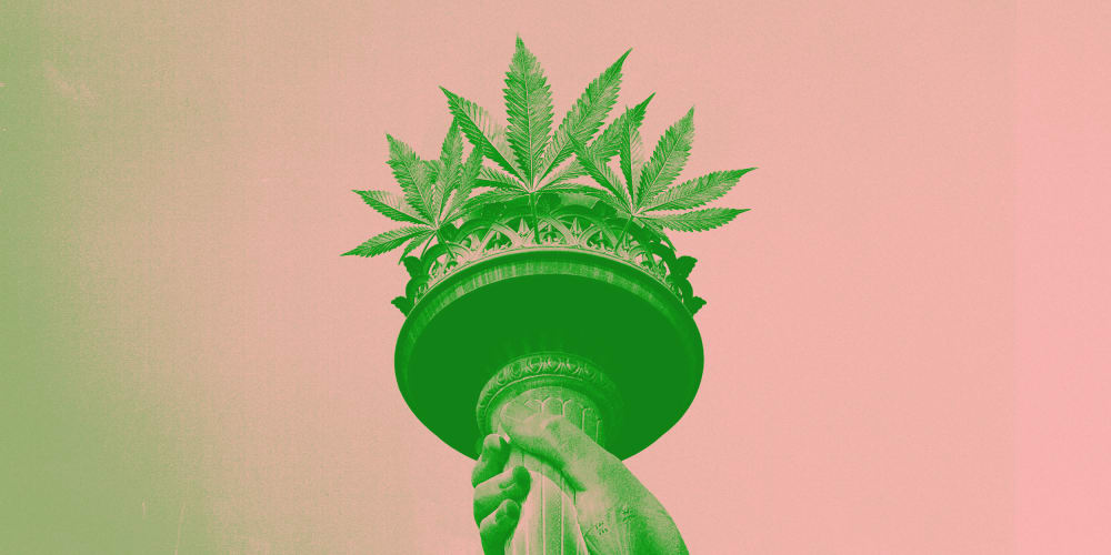 Photo illustration of cannabis leaves sticking out of the Statue of Liberty torch.