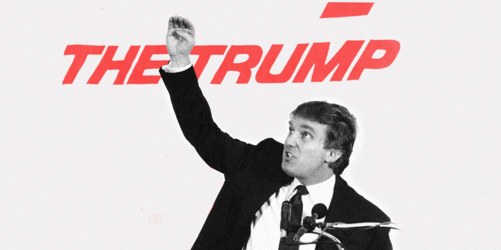 Image: Young Donald Trump speaking at a podium. Text behind him partially reads, "The Trump"
