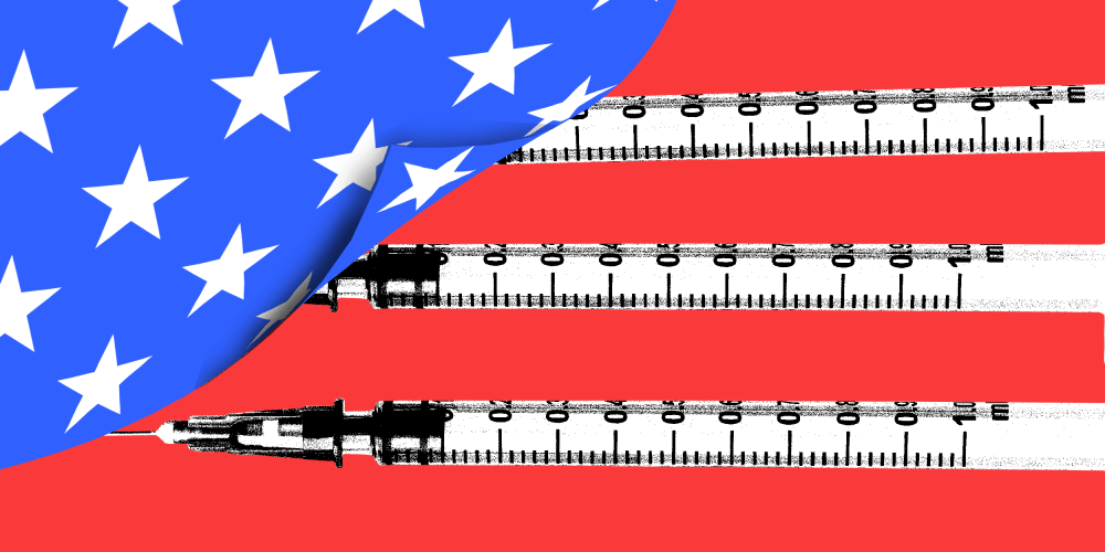 Photo illustration of a blue cover with stars being lifted off a red surface with three white colored vaccines.